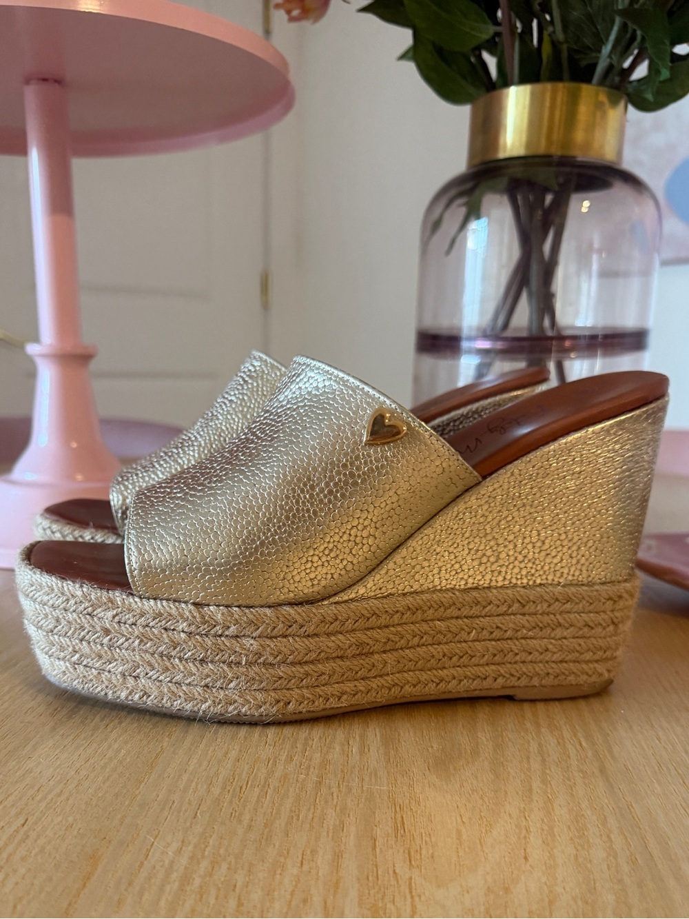 Nataly Mendez Gold Wedge Espadrille Slide - Women's Metallic Platform Mule